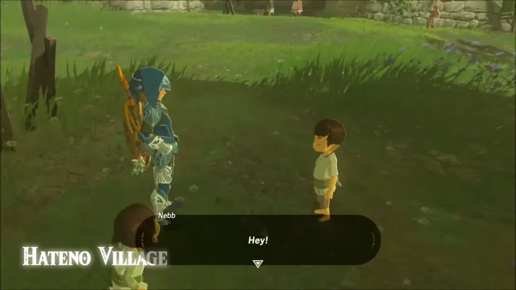 Nebb and another child talking with Link in Hateno Village Nebb and another child talking with Link in Hateno Village