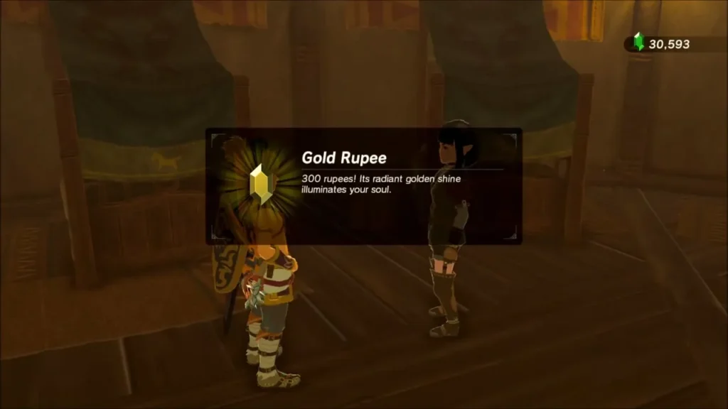 Link receiving a Gold Rupee worth 300 rupees from Parcy Link receiving a Gold Rupee worth 300 rupees from Parcy