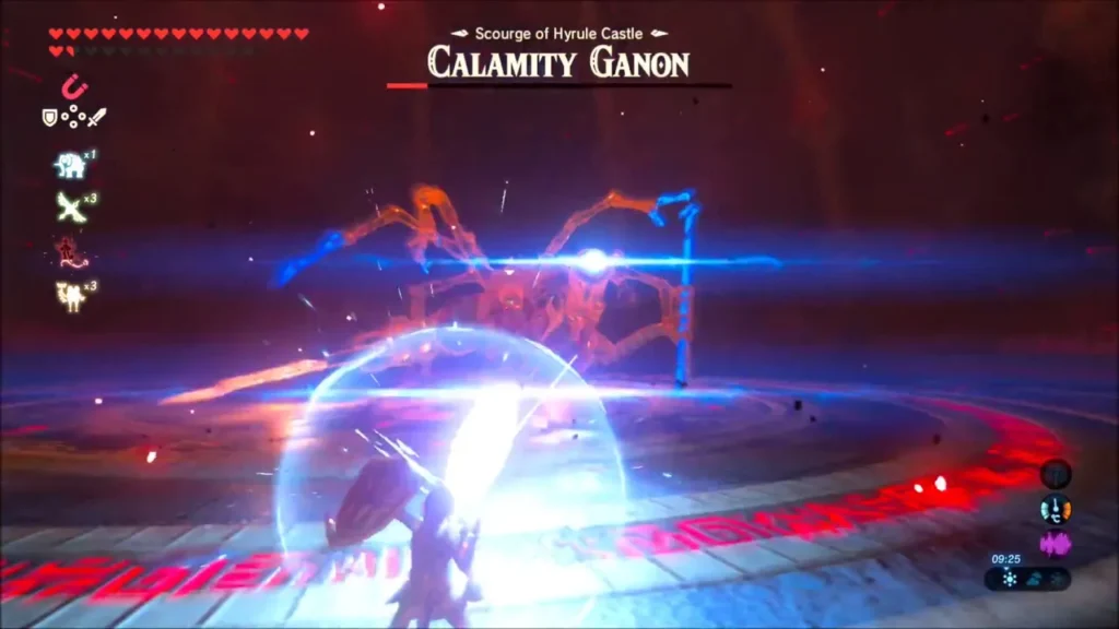 Link raising his shield in a perfect parry against Ganon's blue energy Link raising his shield in a perfect parry against Ganon's blue energy