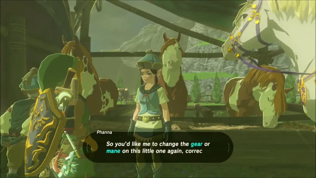 Link asking the stable hand to change the gear on his white horse Link asking the stable hand to change the gear on his white horse