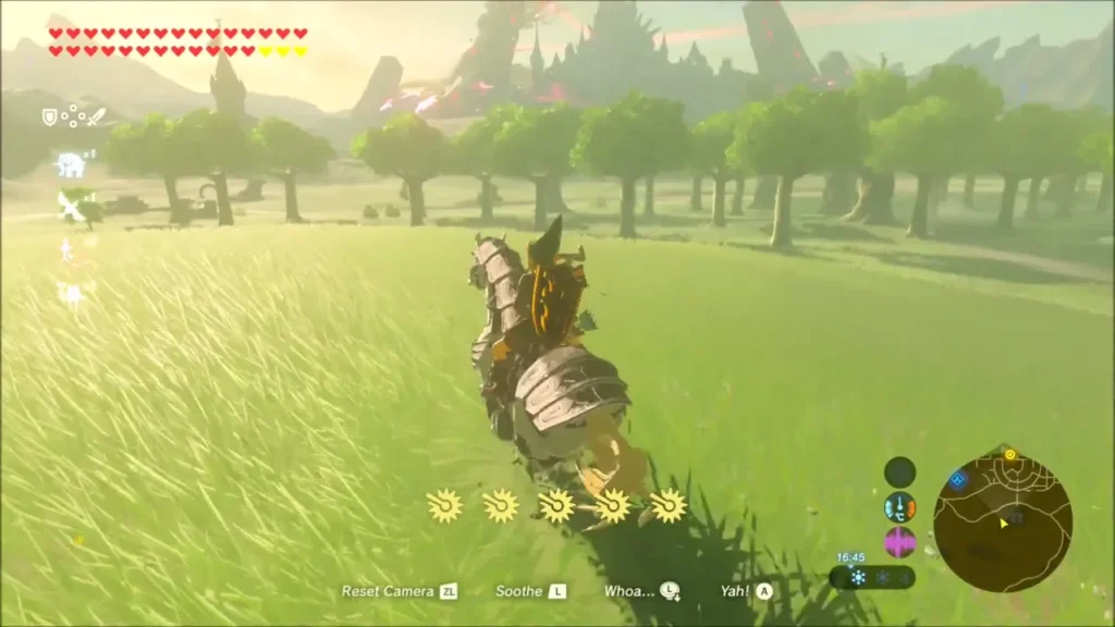 Link galloping past trees toward the glowing Hyrule Castle Link galloping past trees toward the glowing Hyrule Castle