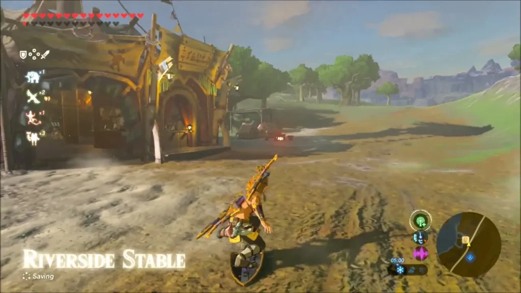 Link running toward Riverside Stable with its name on screen Link running toward Riverside Stable with its name on screen