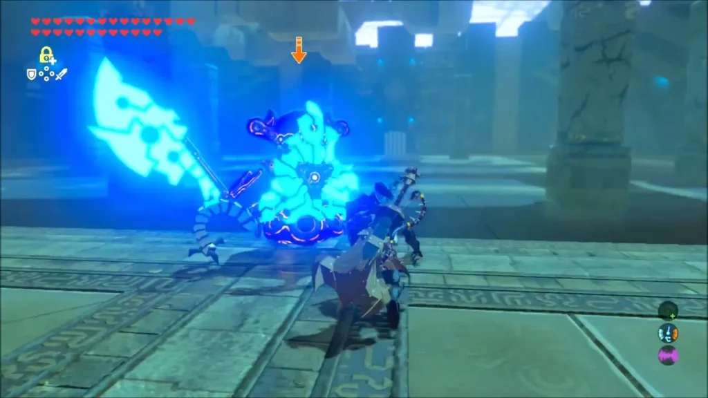 Link fighting the Guardian Scout in the shrine Link fighting the Guardian Scout in the shrine