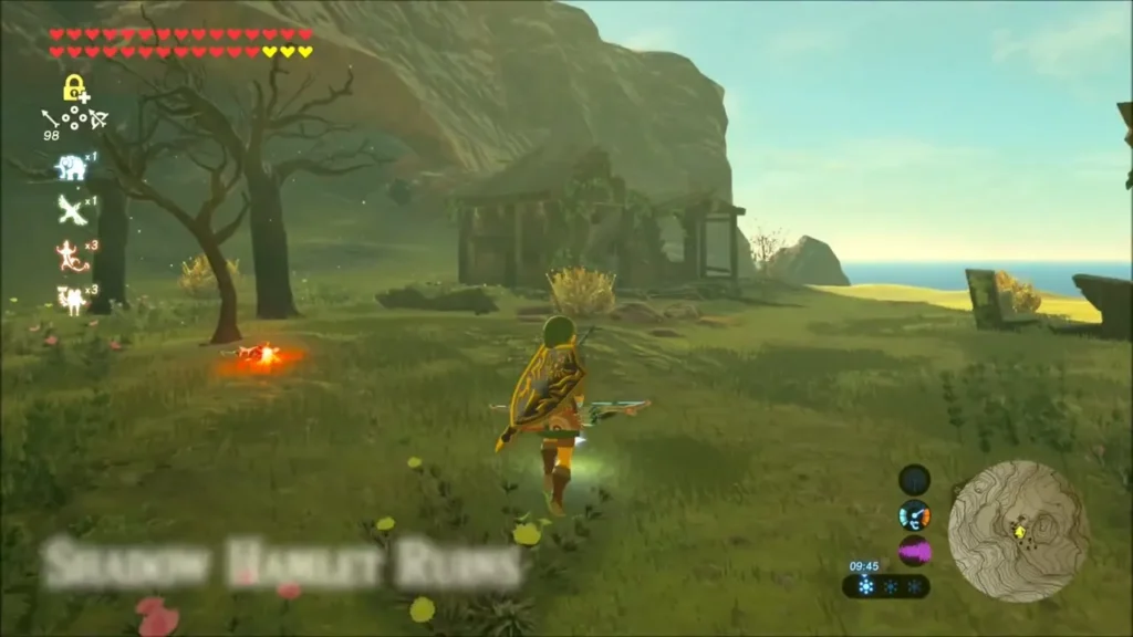 Link running through grass toward the Shadow Hamlet Ruins as the location name appears Link running through grass toward the Shadow Hamlet Ruins as the location name appears