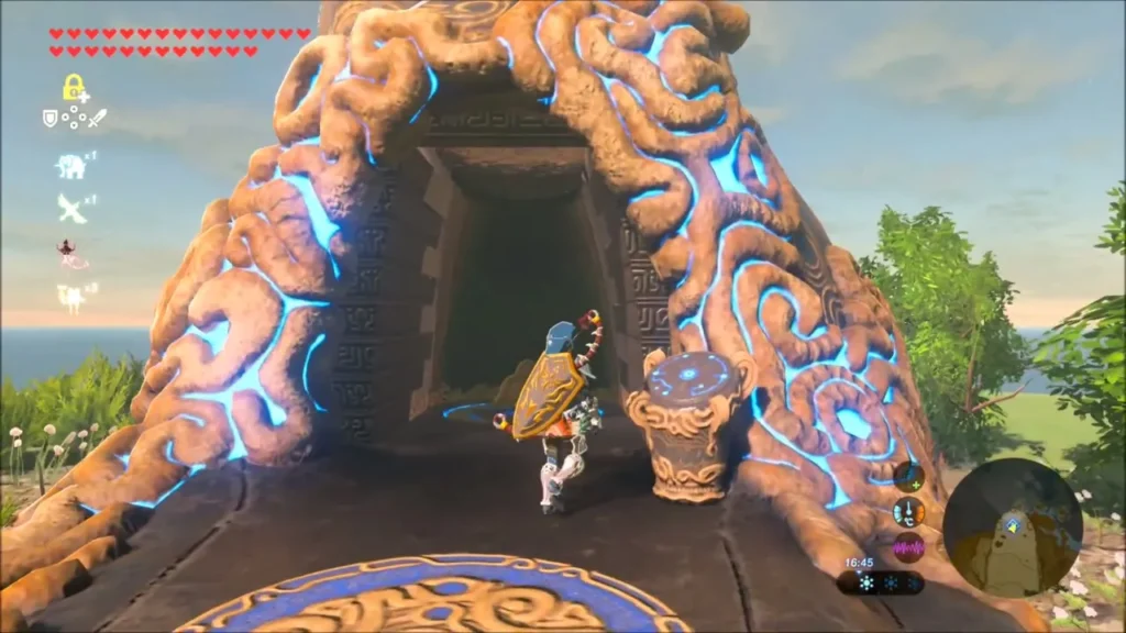 Link walking into a shrine entrance with glowing blue patterns Link walking into a shrine entrance with glowing blue patterns