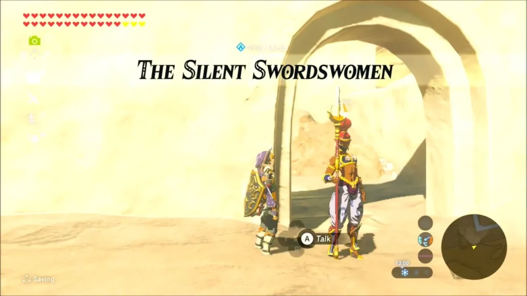 The Silent Swordswomen quest title as Link stands beside Laine The Silent Swordswomen quest title as Link stands beside Laine