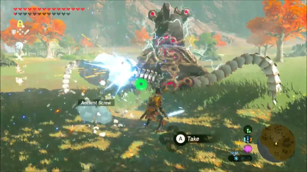 A Guardian Stalker sparking as an Ancient Screw drops beside Link A Guardian Stalker sparking as an Ancient Screw drops beside Link