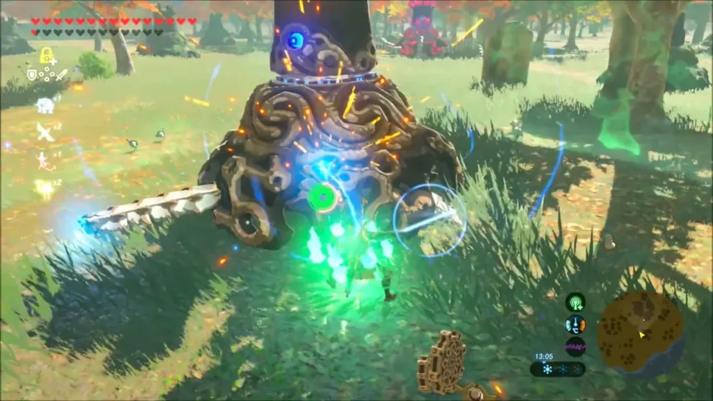 Link slashing a Guardian Stalker's leg with green sparks flying Link slashing a Guardian Stalker's leg with green sparks flying