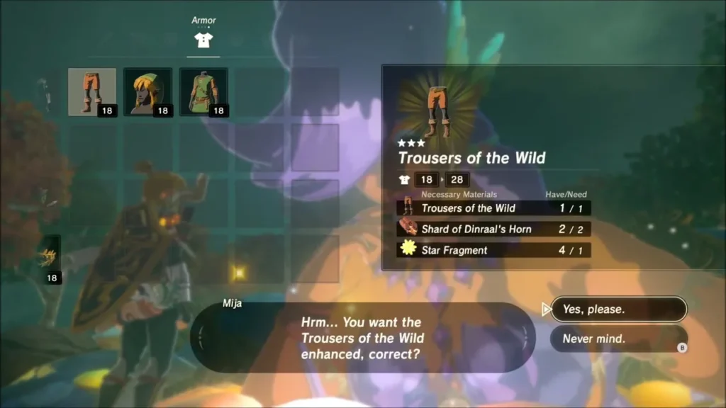 Mija's upgrade screen for the Trousers of the Wild showing needed Dinraal shards and Star Fragments Mija's upgrade screen for the Trousers of the Wild showing needed Dinraal shards and Star Fragments