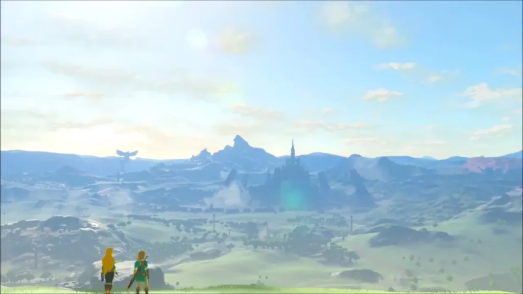 Zelda and Link standing together on a hill overlooking Hyrule Castle Zelda and Link standing together on a hill overlooking Hyrule Castle