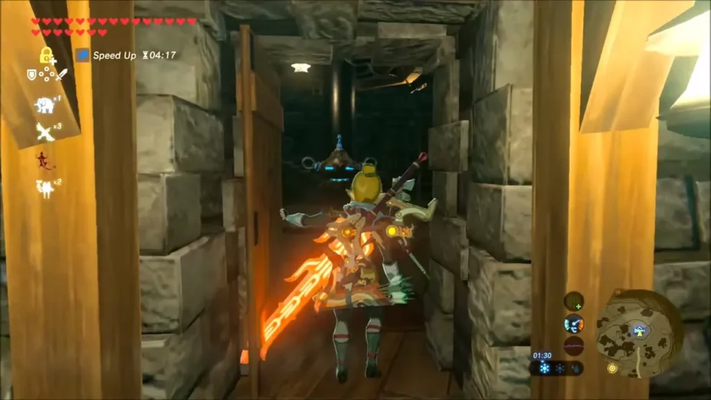 Link running down a stone corridor toward the Akkala Ancient Tech Lab Link running down a stone corridor toward the Akkala Ancient Tech Lab