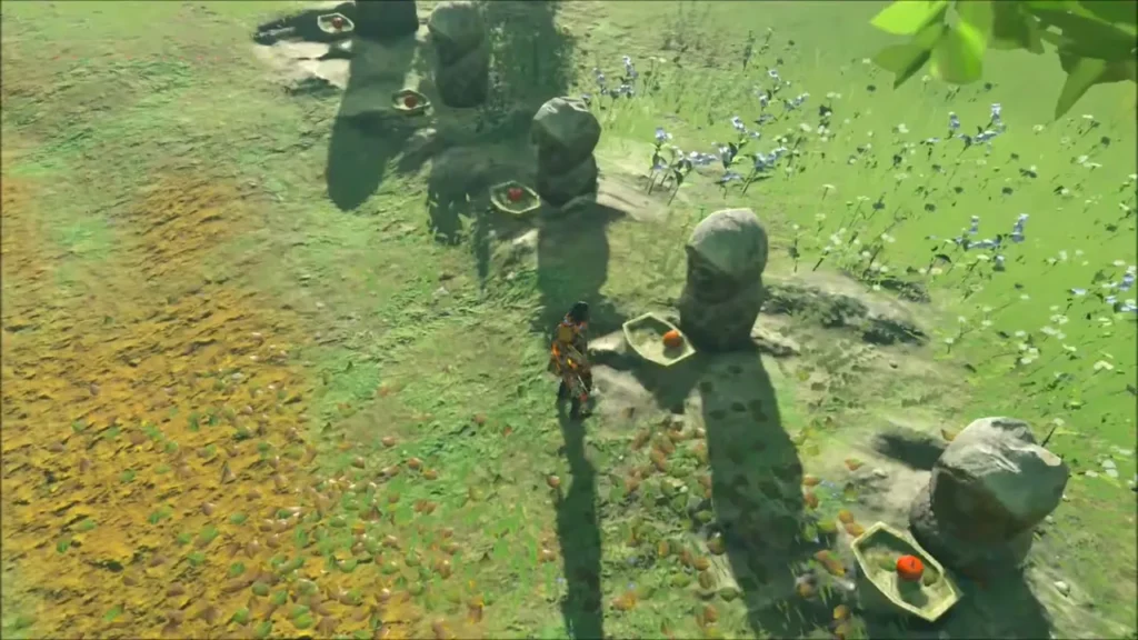 Link beside stone statues with bowls of apples in front of them Link beside stone statues with bowls of apples in front of them