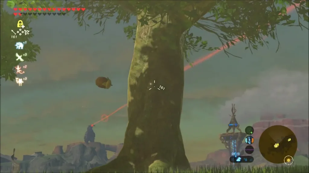 Link aiming a bow at the trunk of a big tree with an arrow in flight Link aiming a bow at the trunk of a big tree with an arrow in flight