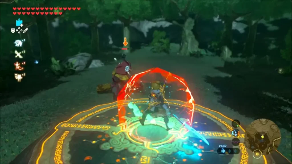 Link raising a shield with a perfect guard burst against the Yiga Blademaster in the clearing Link raising a shield with a perfect guard burst against the Yiga Blademaster in the clearing