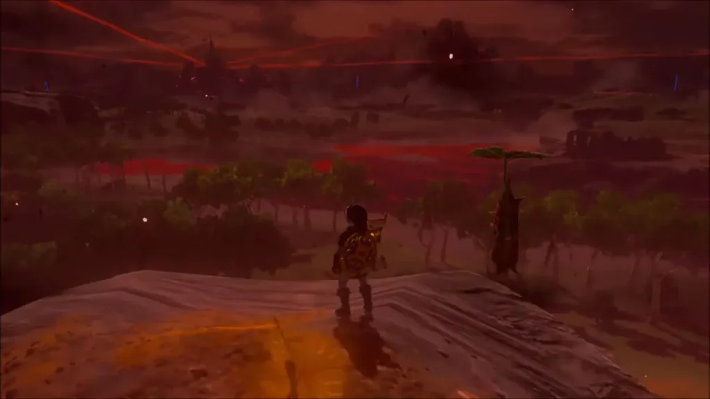 Link on a ridge as the land turns red under the Blood Moon Link on a ridge as the land turns red under the Blood Moon