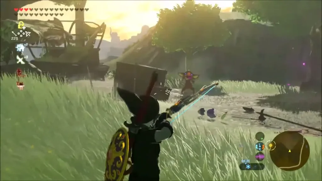 Link drawing a bow on a Bokoblin in a grassy camp Link drawing a bow on a Bokoblin in a grassy camp