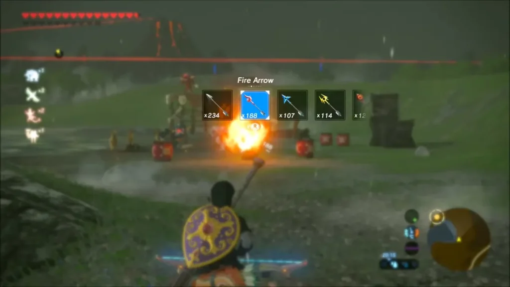 Link aiming a fire arrow at a night Bokoblin camp Link aiming a fire arrow at a night Bokoblin camp