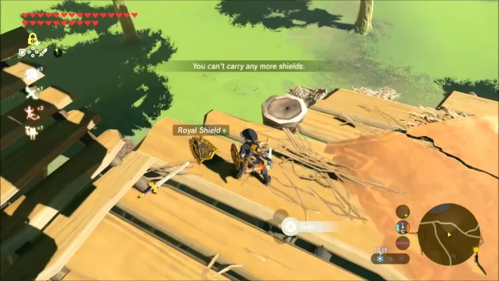 Royal Shield lying on the wooden planks of the Bokoblin camp Royal Shield lying on the wooden planks of the Bokoblin camp