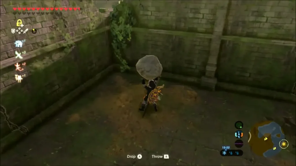 Link lifting the loose rock in the empty corner of the room Link lifting the loose rock in the empty corner of the room