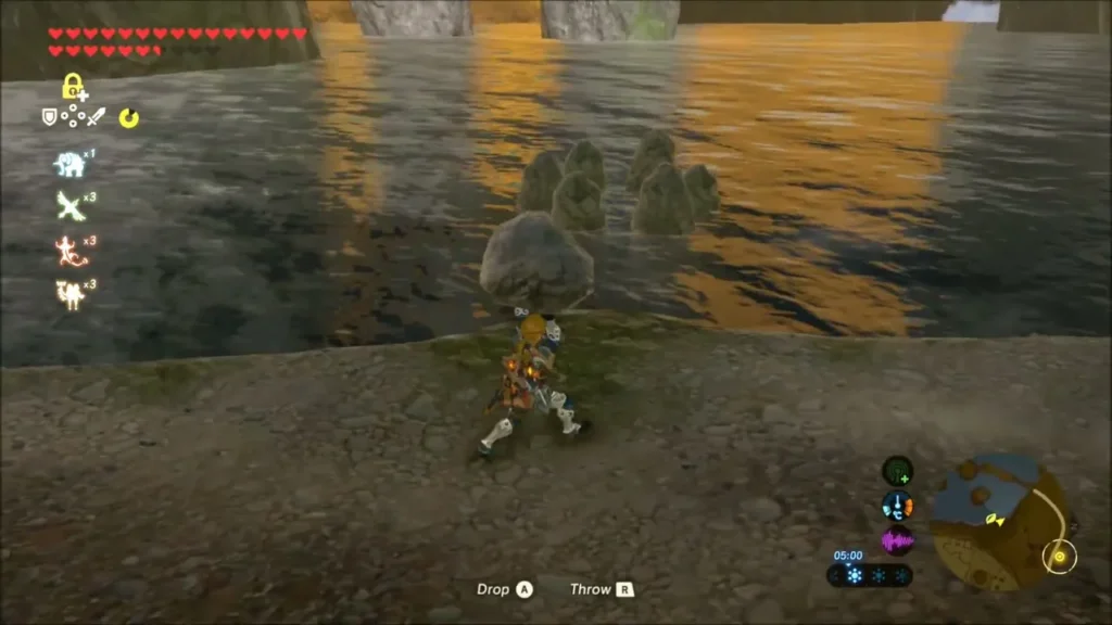 Link carrying a loose rock toward the ring of standing stones in the water Link carrying a loose rock toward the ring of standing stones in the water