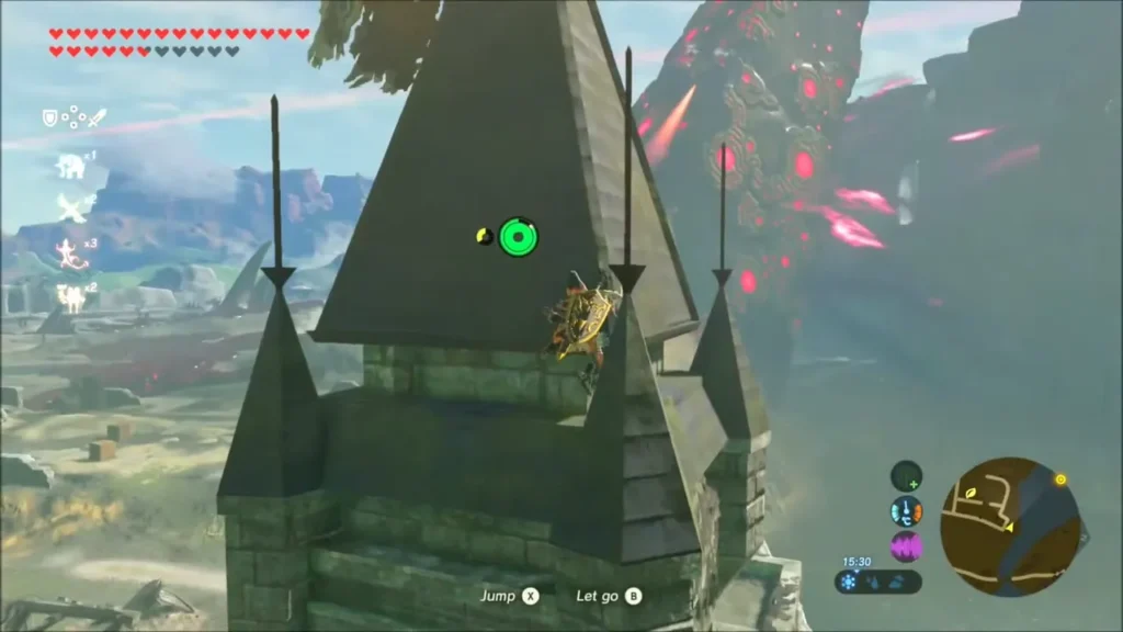 Link clinging to the pointed roof of a brick tower with the Malice behind Link clinging to the pointed roof of a brick tower with the Malice behind