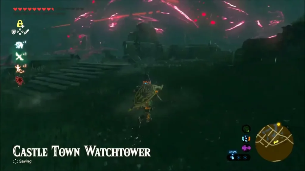 Link running toward the Castle Town Watchtower ruins as the location name appears Link running toward the Castle Town Watchtower ruins as the location name appears