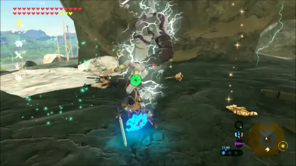 Link fighting inside the Bokoblin cave with drops on the floor Link fighting inside the Bokoblin cave with drops on the floor