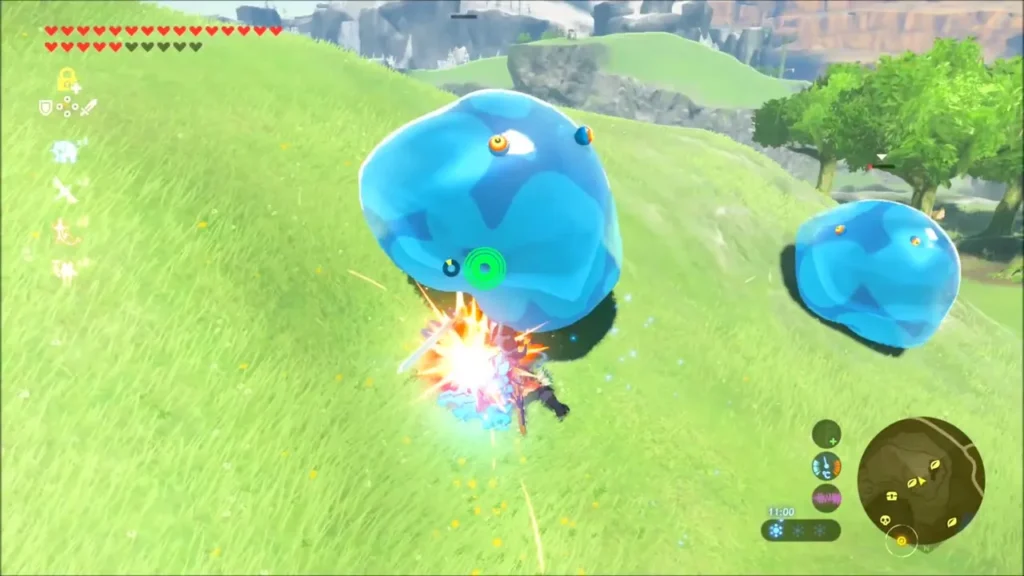 Link fighting blue Chuchus on the grassy slope Link fighting blue Chuchus on the grassy slope