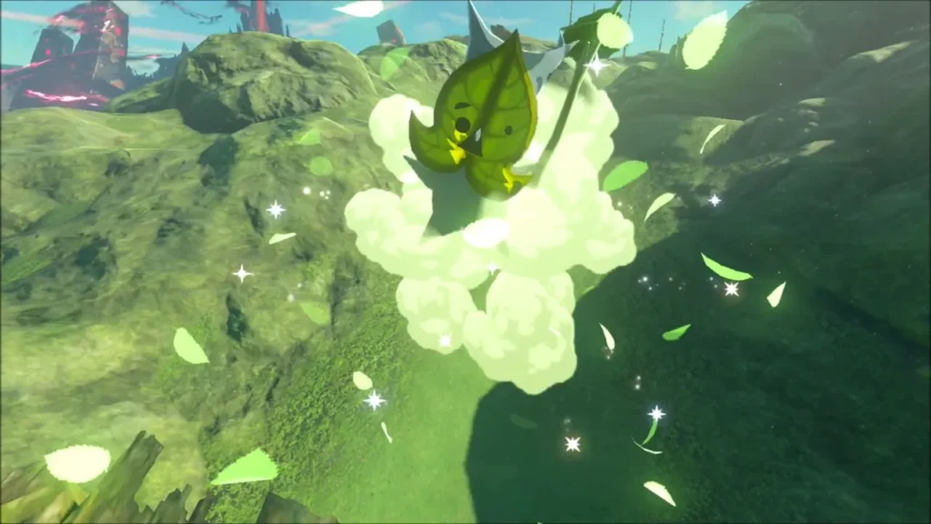 A Korok bursting from a leaf cloud on a hillside after Link finds it A Korok bursting from a leaf cloud on a hillside after Link finds it
