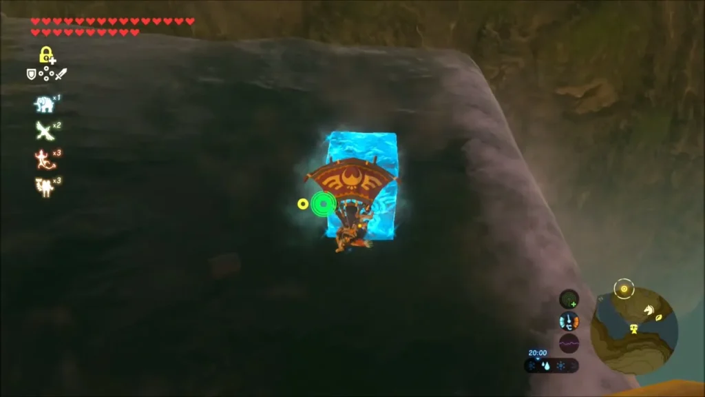 Link gliding up a cliff face beside a glowing Cryonis ice pillar Link gliding up a cliff face beside a glowing Cryonis ice pillar
