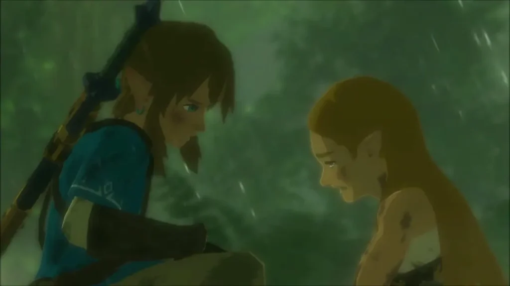 Link and Zelda sitting together in the rain as Zelda weeps Link and Zelda sitting together in the rain as Zelda weeps