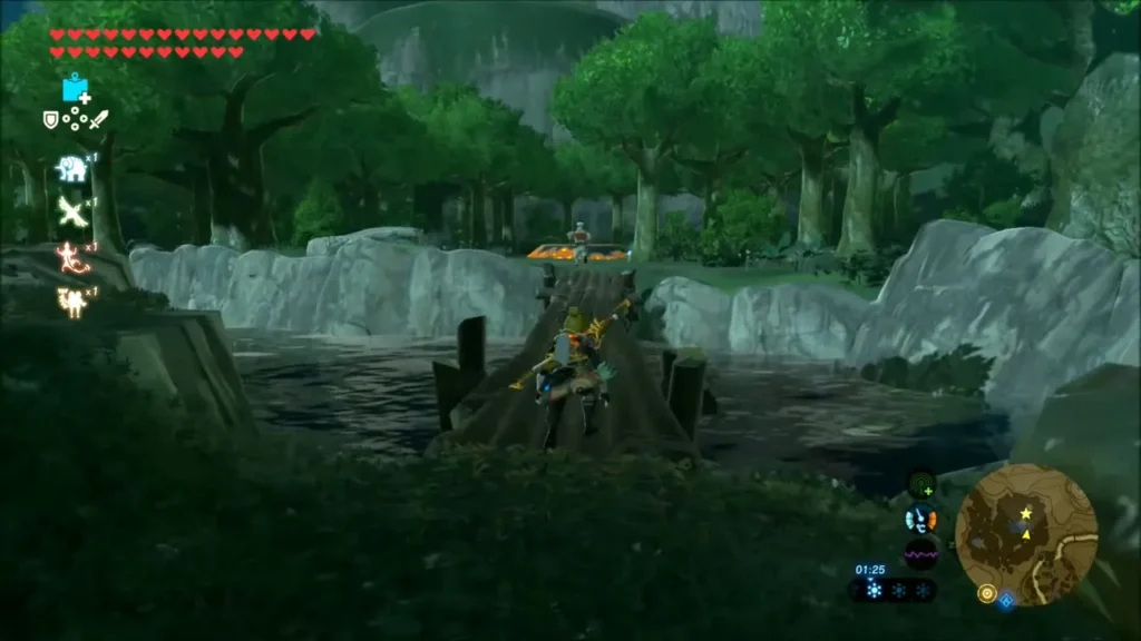 Link crossing a wooden bridge at night, following Dorian through the forest above Kakariko Link crossing a wooden bridge at night, following Dorian through the forest above Kakariko