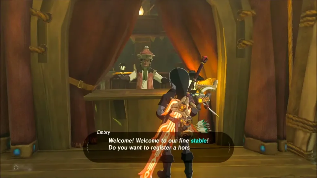 Link at the stable counter as Embry offers to register a horse Link at the stable counter as Embry offers to register a horse