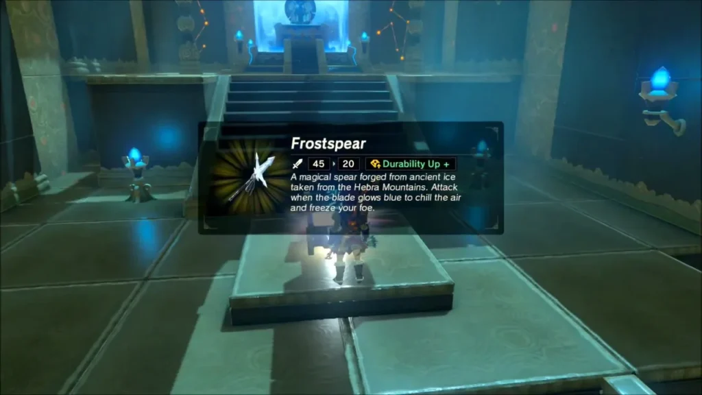 Link holding up the Frostspear with its name box on the chest pedestal Link holding up the Frostspear with its name box on the chest pedestal
