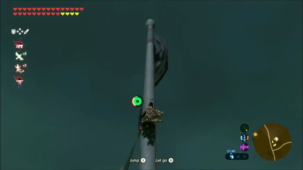 Link climbing the pole on a stone pillar at dusk Link climbing the pole on a stone pillar at dusk