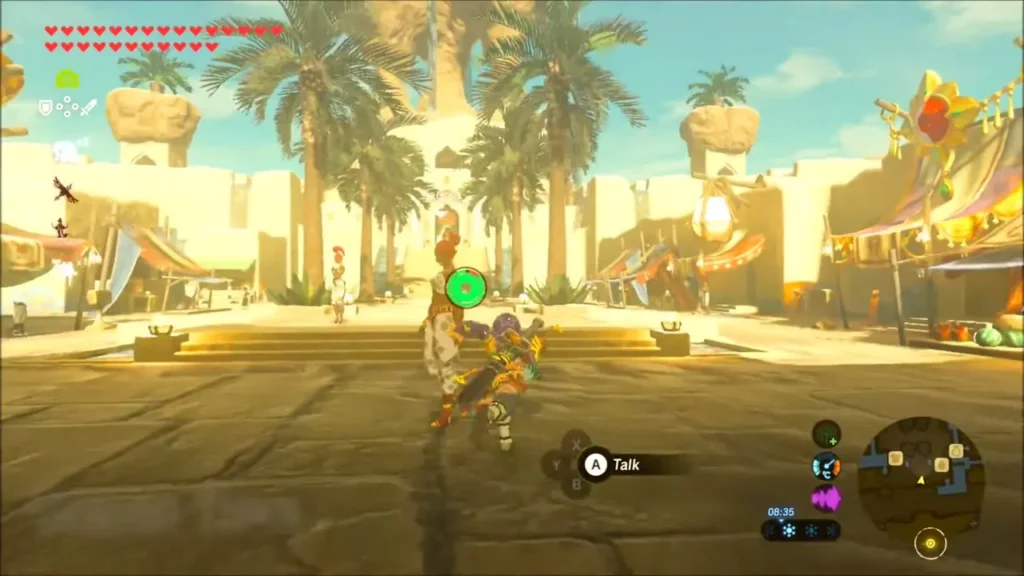Link in Gerudo Town's palm-lined market square with stalls on both sides Link in Gerudo Town's palm-lined market square with stalls on both sides