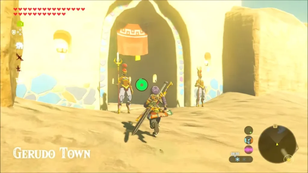 Link passing Gerudo guards at the Gerudo Town gate under the town name banner Link passing Gerudo guards at the Gerudo Town gate under the town name banner