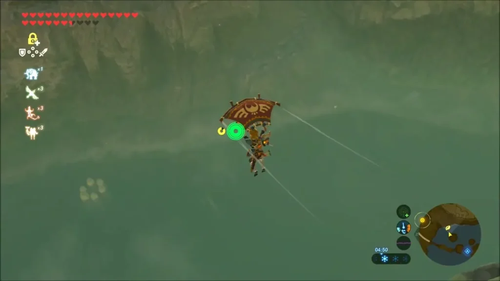 Link gliding down through mist toward the lake shore Link gliding down through mist toward the lake shore