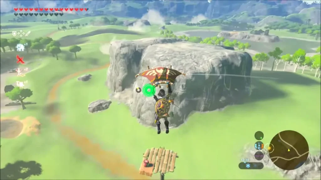 Link gliding down toward a large flat rock in the meadow Link gliding down toward a large flat rock in the meadow