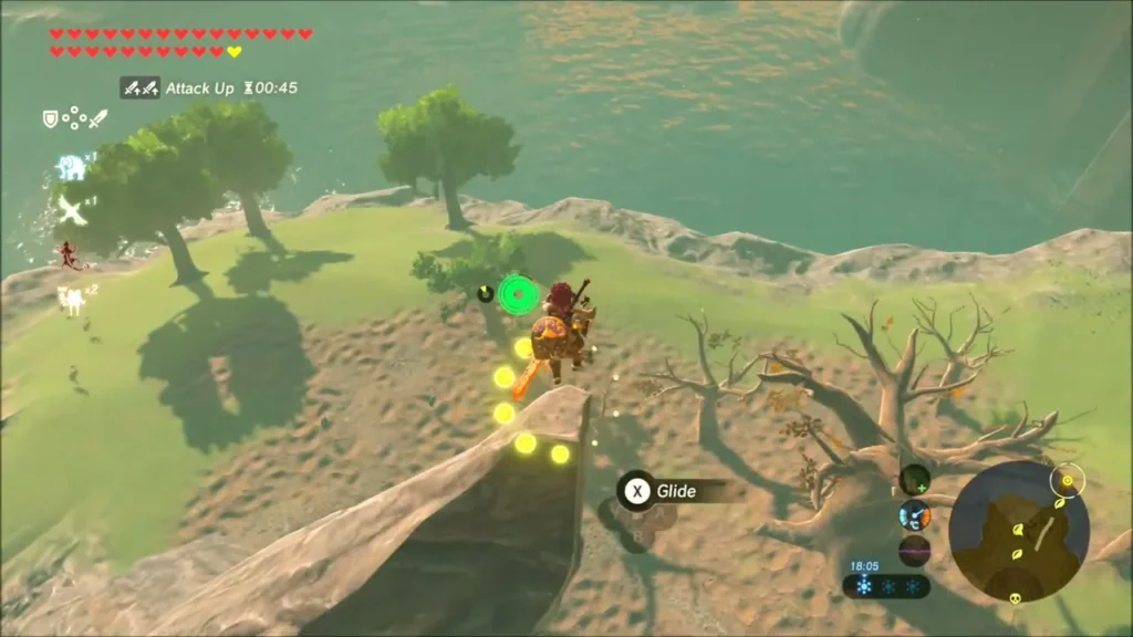 Link gliding toward a rocky shelf above the grassy slopes Link gliding toward a rocky shelf above the grassy slopes
