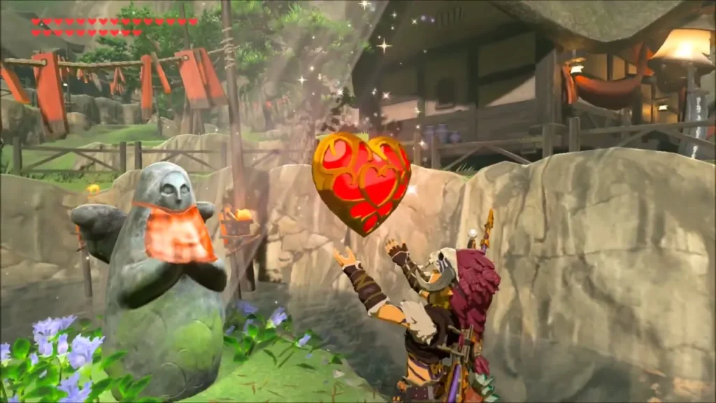 A new Heart Container rising in front of Link and the Goddess Statue A new Heart Container rising in front of Link and the Goddess Statue