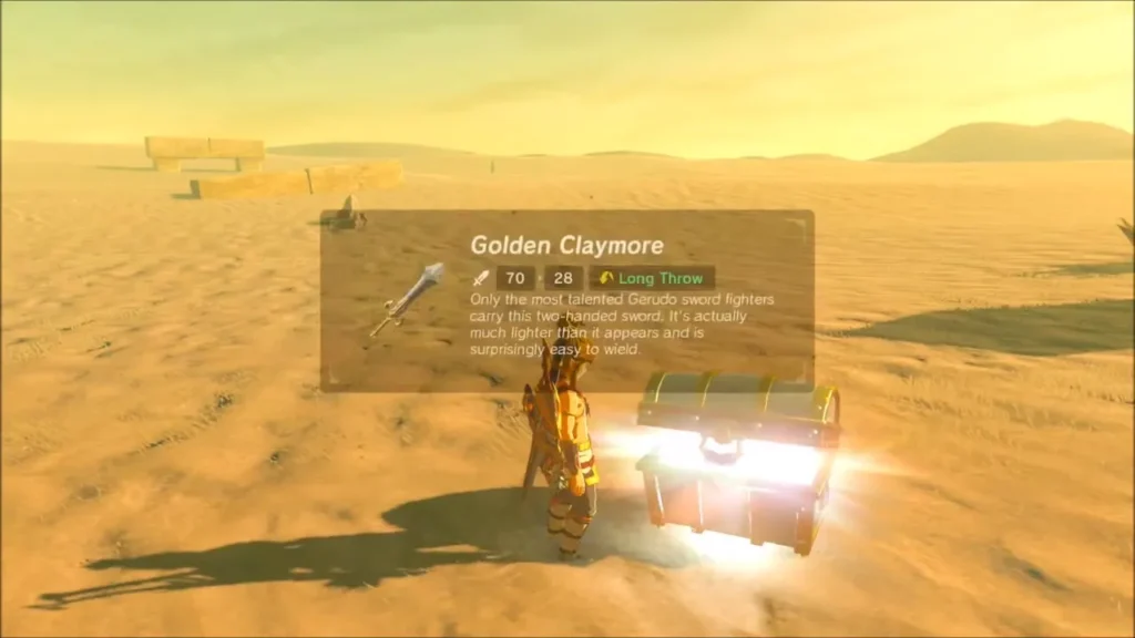 Golden Claymore revealed from a glowing desert chest Golden Claymore revealed from a glowing desert chest