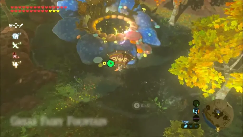 Link gliding down onto the Great Fairy Fountain by Lake Akkala Link gliding down onto the Great Fairy Fountain by Lake Akkala