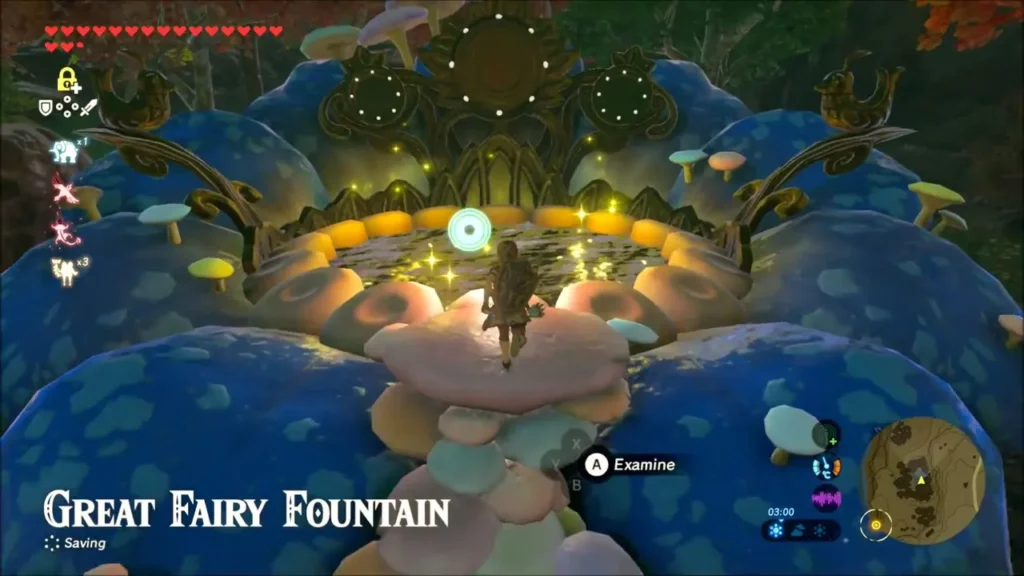 Link approaching the glowing Great Fairy Fountain among blue mushroom caps Link approaching the glowing Great Fairy Fountain among blue mushroom caps