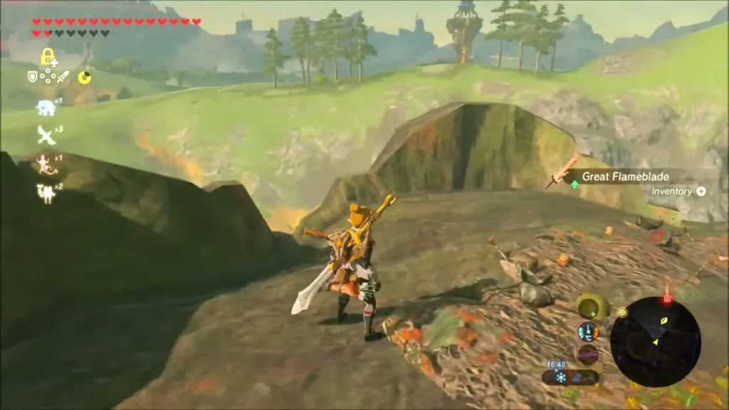Link holding up a newly picked up Great Flameblade on the camp ledge Link holding up a newly picked up Great Flameblade on the camp ledge