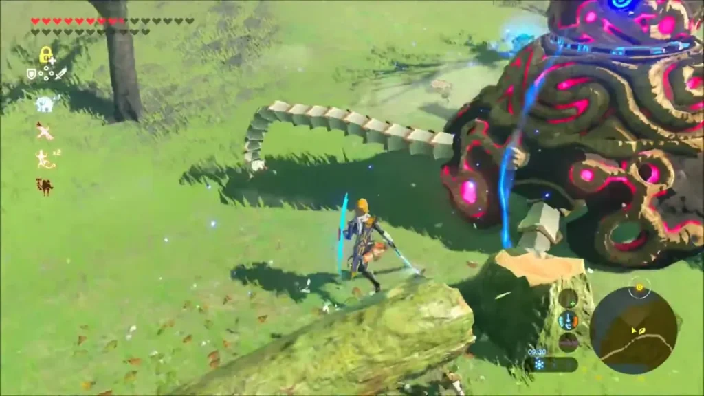 Link fighting a Guardian on a grassy plain Link fighting a Guardian on a grassy plain