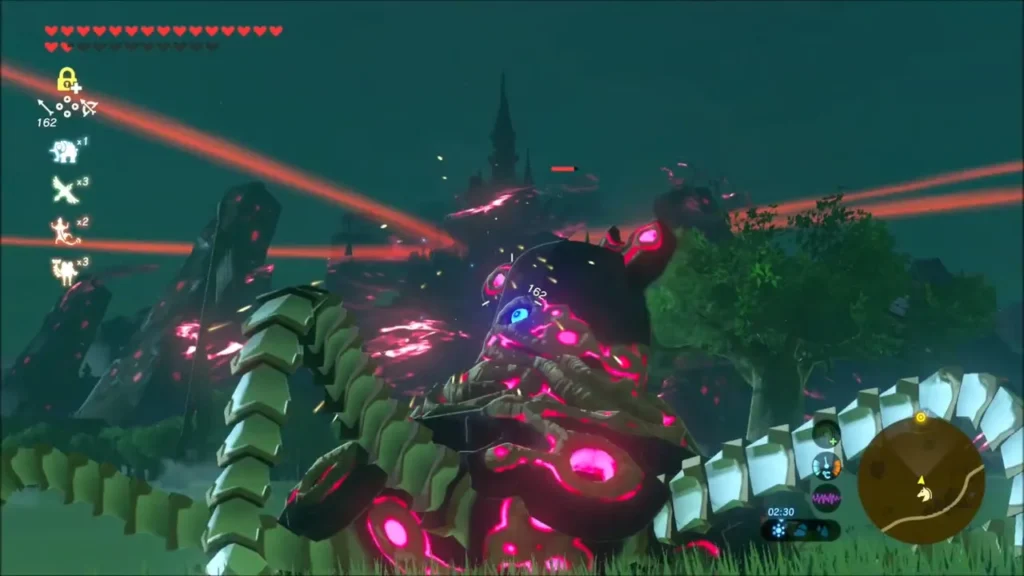 Link attacking a Guardian with red lasers aimed at Hyrule Castle behind it Link attacking a Guardian with red lasers aimed at Hyrule Castle behind it