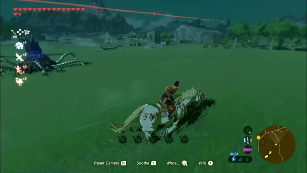 Link riding a horse across grassland toward a Guardian under a red laser Link riding a horse across grassland toward a Guardian under a red laser