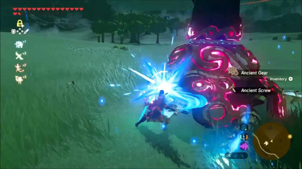 Link strikes a Guardian and receives an Ancient Gear and Ancient Screw Link strikes a Guardian and receives an Ancient Gear and Ancient Screw