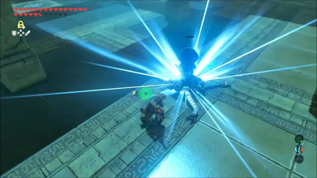 Link countering the Guardian Scout in a burst of blue light Link countering the Guardian Scout in a burst of blue light
